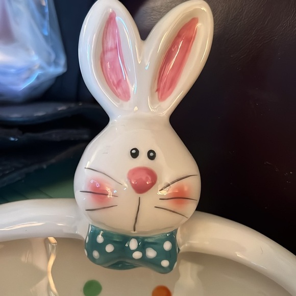 Easter Bunny 3-D White Polka Dot Bow Tie Candy Trinket Bowl Dish - Picture 6 of 15